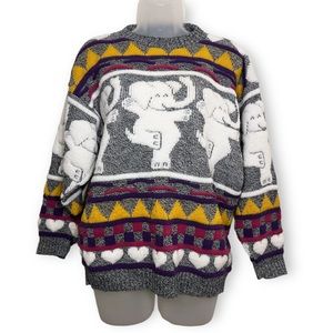 Vintage 80s Dancing Elephant Sweater Unique Colorful Animal Circus Knit